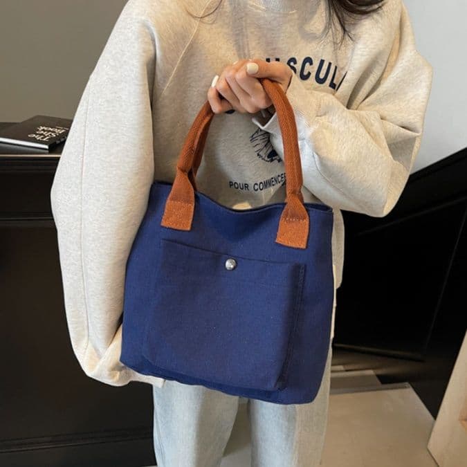 キャンバストート フロントポケット付き 職人風手提げ