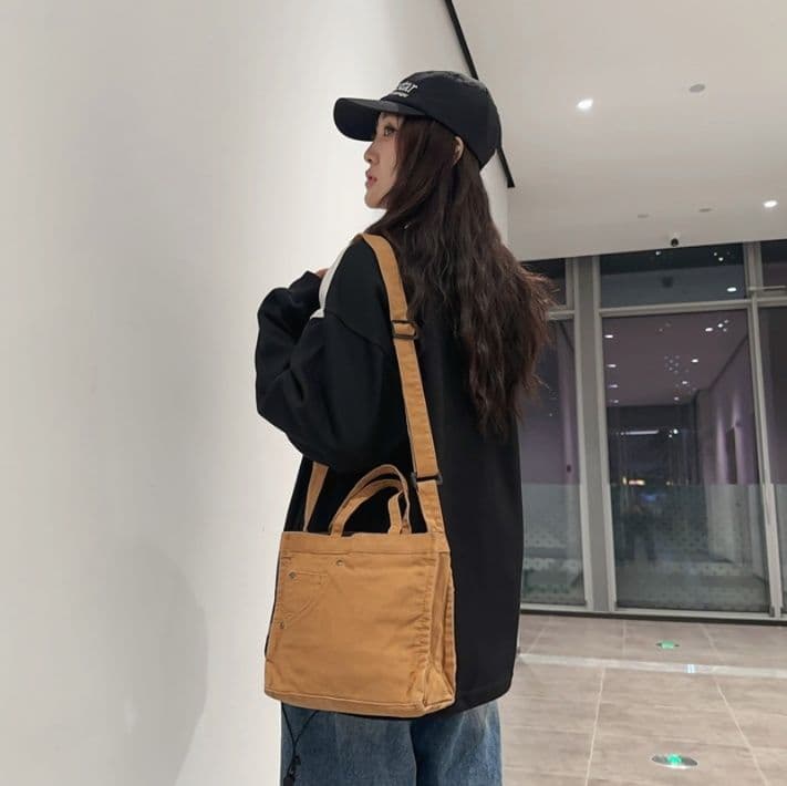 キャンバストート デニム風ポケット付きミニトート