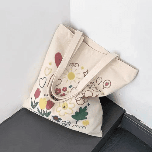キャンバストート 花柄とスマイル刺繍の可愛いキャンバス袋