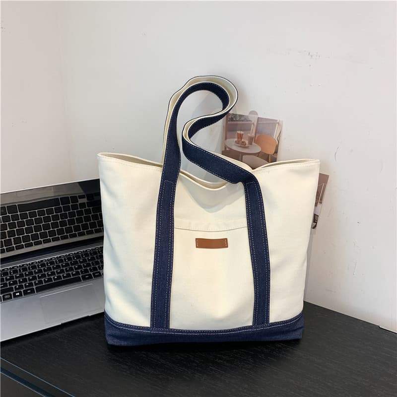 キャンバストート デニム風バイカラー切り替え大容量トート