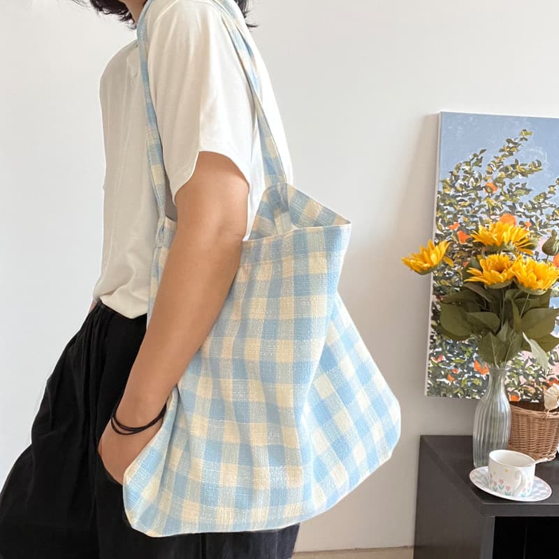 キャンバストート 帆布チェック柄ショルダートートバッグ内ポケット付き