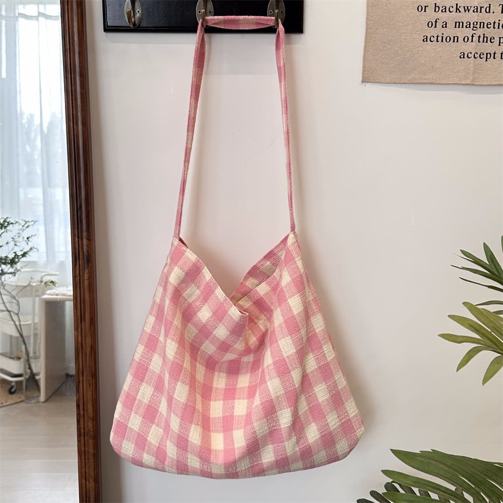 キャンバストート 帆布チェック柄ショルダートートバッグ内ポケット付き