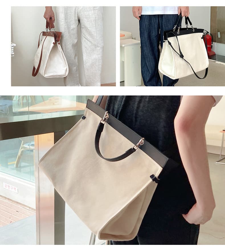 キャンバストート 上品な革縁付き 大容量キャンバストート
