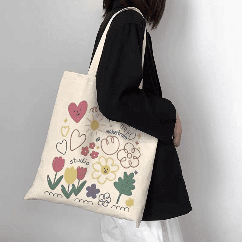 キャンバストート 花柄とスマイル刺繍の可愛いキャンバス袋