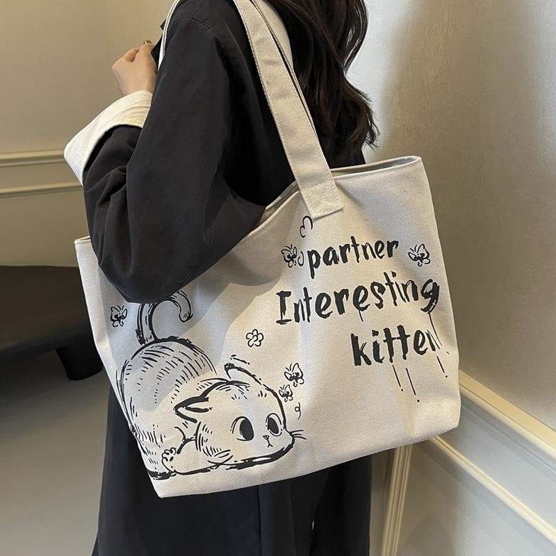 キャンバストート 可愛い子猫の寝顔イラスト入り大容量日常使いかばん