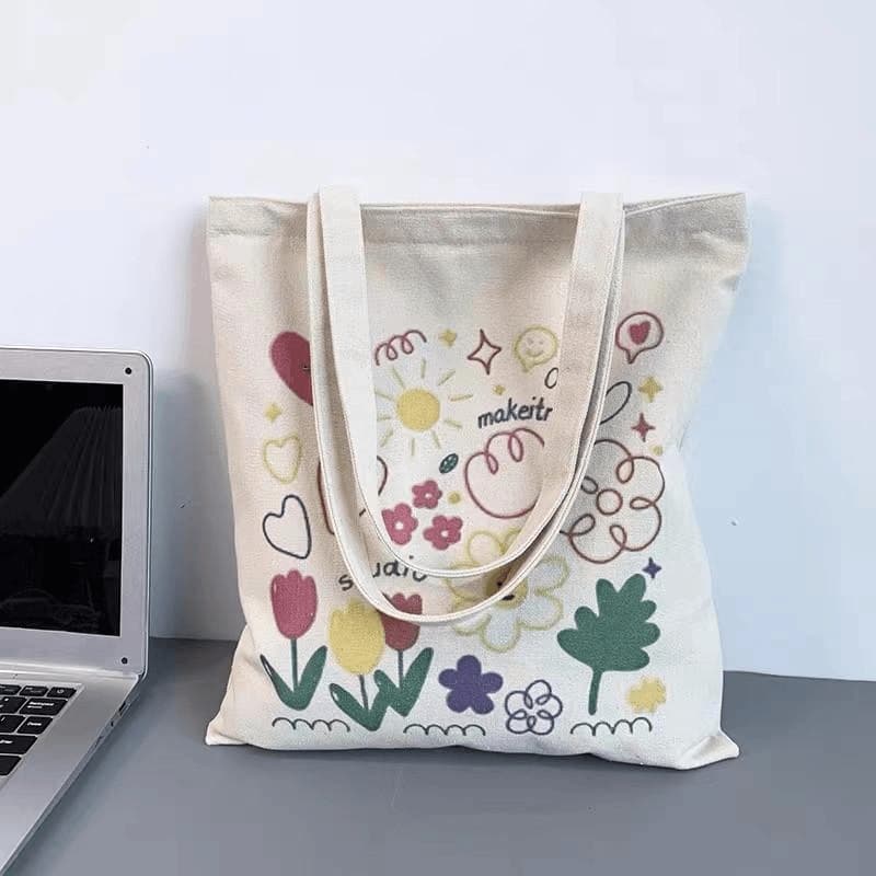 キャンバストート 花柄とスマイル刺繍の可愛いキャンバス袋