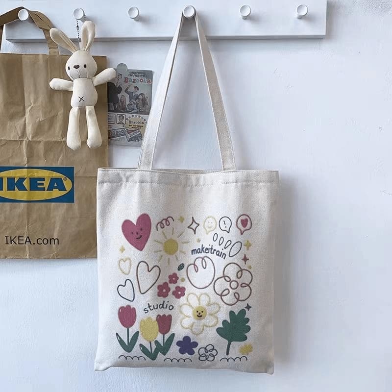 キャンバストート 花柄とスマイル刺繍の可愛いキャンバス袋
