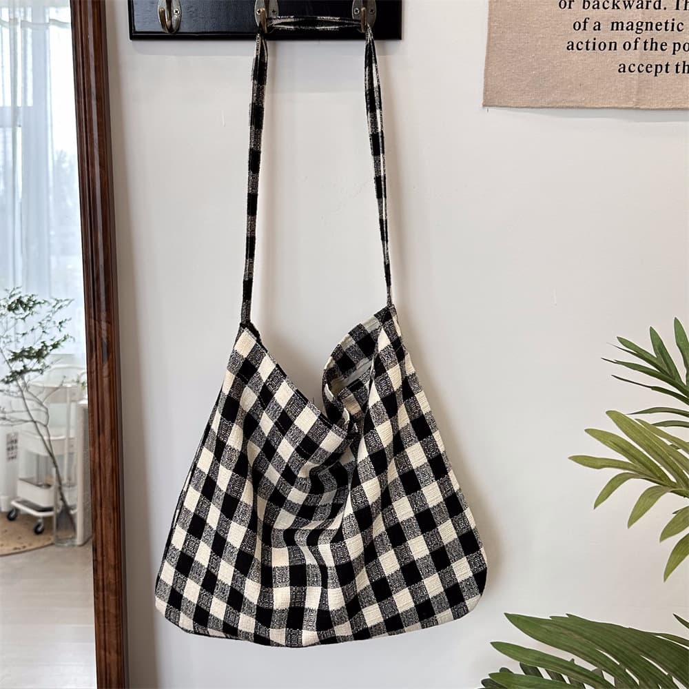 キャンバストート 帆布チェック柄ショルダートートバッグ内ポケット付き