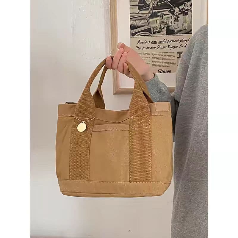 キャンバストート シンプル丸札付き手提げミニバッグ