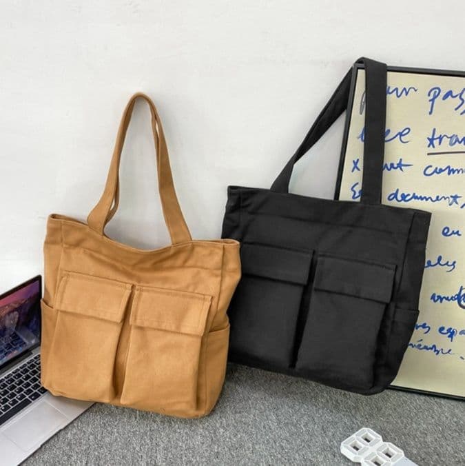 キャンバストート 多機能フロントポケット収納トート