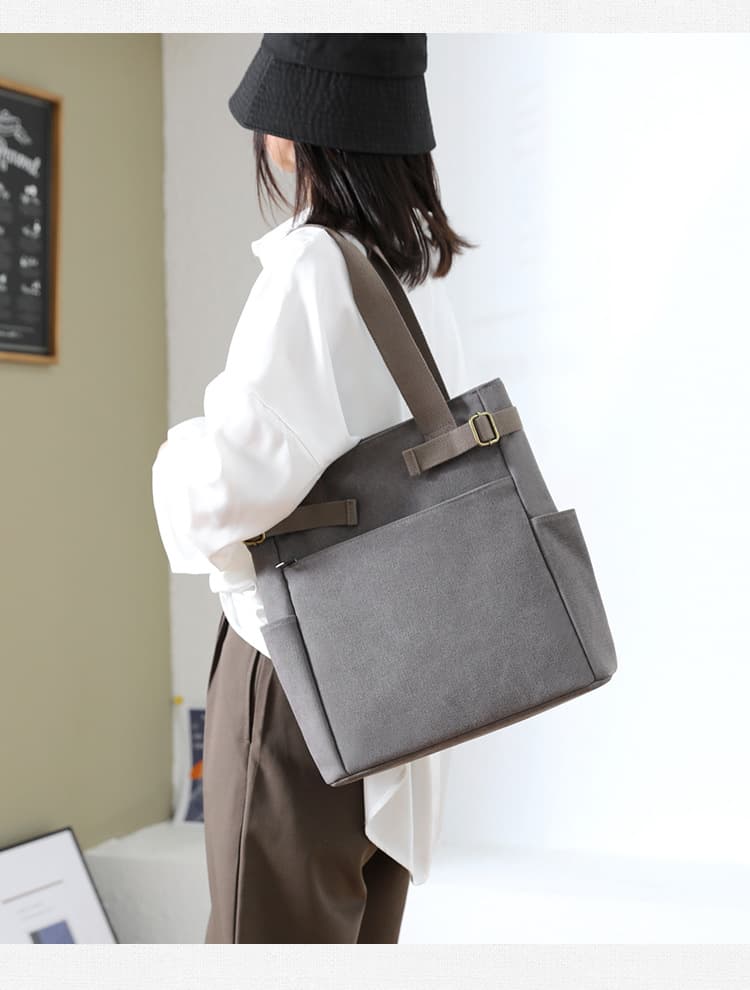 多機能ポケット付きショルダーキャンバストートバッグ