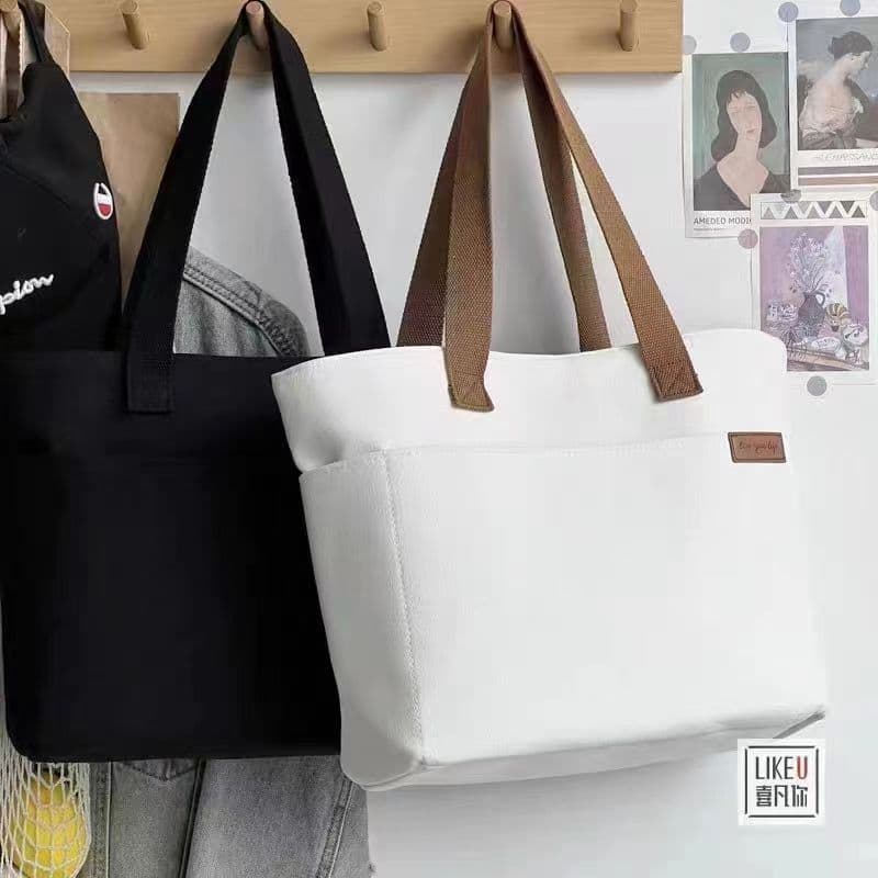 キャンバストート シンプルデザイン外ポケット付きキャンバストートバッグ