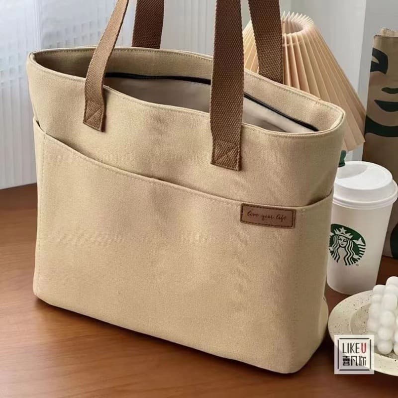 キャンバストート シンプルデザイン外ポケット付きキャンバストートバッグ
