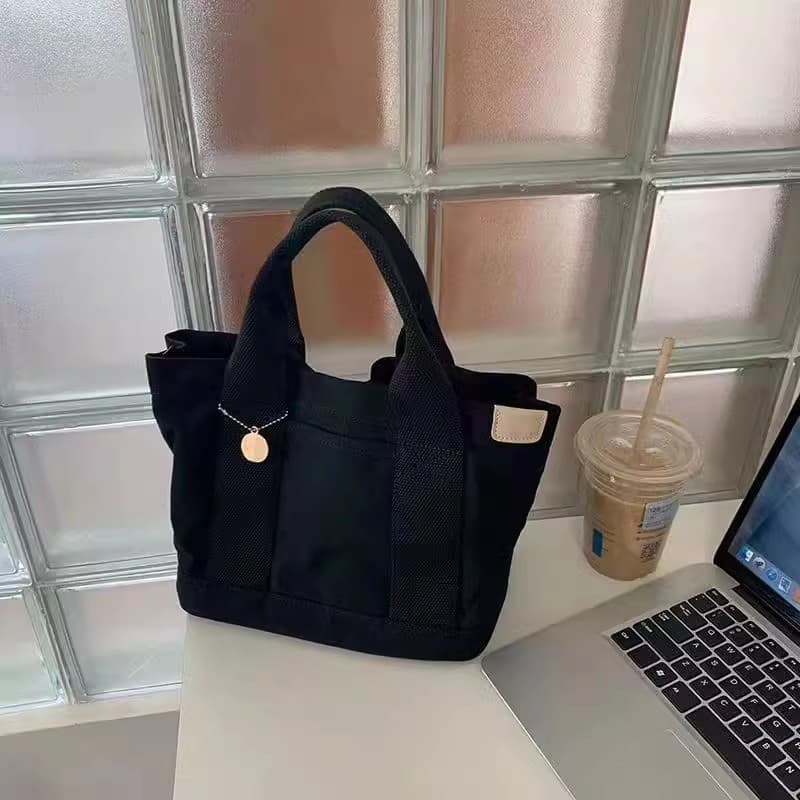 キャンバストート シンプル丸札付き手提げミニバッグ